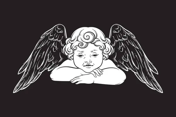 Cherub Cute Winged Curly Smiling Baby Boy Angel Isolated Black Vector Graphics