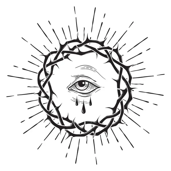 Видящие Око Божье Священной Терновой Короне Лучами Света Солнечных Вспыхнувших Стоковый вектор