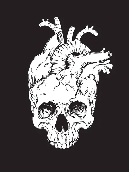 Human Heart Skull Anatomical Hand Drawn Line Art Flash Tattoo Stock Illustration