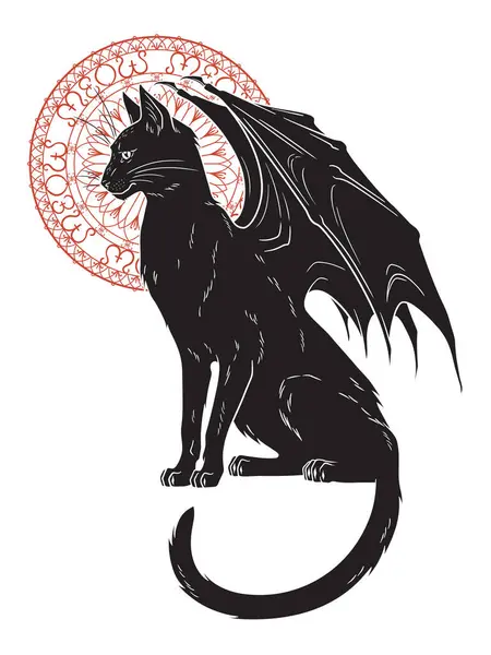 Czarny Kot Odizolowanymi Skrzydłami Witch Znajomy Duch Halloween Lub Pogańskie Wektory Stockowe bez tantiem