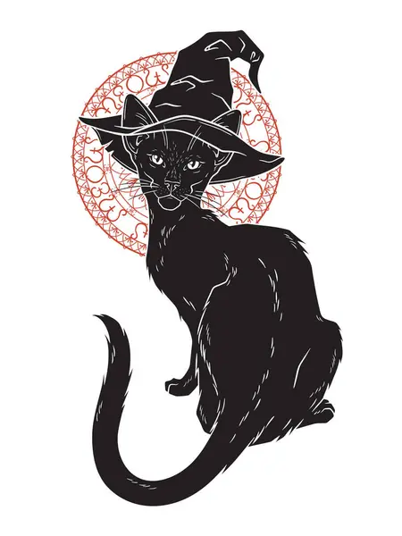 Czarny Kot Szpiczastą Linią Kapelusza Kropką Witch Znajomy Duch Halloween Wektor Stockowy