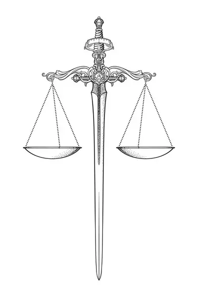 Антикварні Ваги Балансу Меч Справедливість Прийняття Рішень Концепція Руки Намальовані Ліцензійні Стокові Ілюстрації
