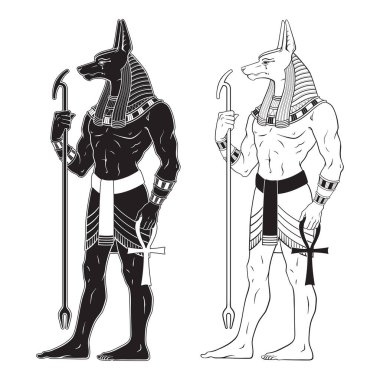 Anubis antik Mısır çakal tanrısı gotik stil el çizimi vektör illüstrasyonunda.