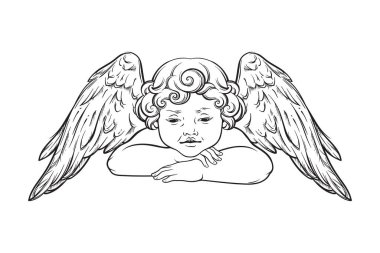 Beyaz arka planda soyutlanmış tatlı kanatlı, kıvırcık, gülümseyen erkek bebek melek. El çizimi tasarım vektör çizimi.