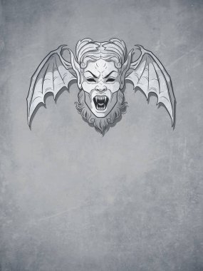 Kanat taşı elementli vampir kafası, çeşme ya da maskaralık gotik kartpostal, poster ya da kitap kapağı tasarımı element çizimi