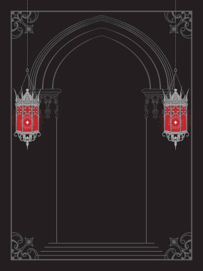 Fenerli gotik kemer gotik kartpostal, poster ya da kitap kapağı tasarım elemanı çizimi.