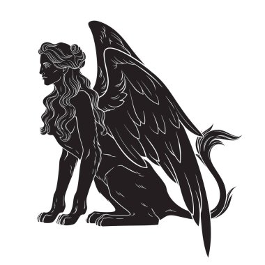 Eski Mısır mitolojik yaratık sfenksi gotik stil el çizilmiş siyah ve beyaz vektör illüstrasyon.