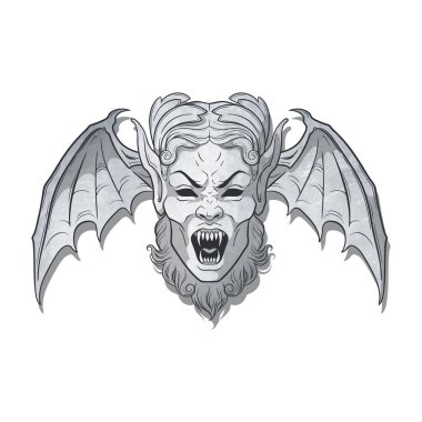 Kanat taşı elementi izole edilmiş vampir iblis kafası, çeşme ya da mescon gotik tasarım element çizimi