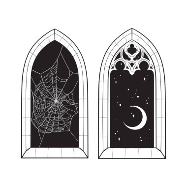 Örümcek ağlı gotik pencereler ve hilal ay eli çizgili gece gökyüzü sanat gotik dövme tasarımı izole vektör çizimi.