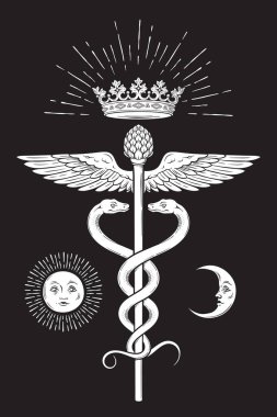 Caduceus büyü asası Hermes 'in taşıdığı tıbbın sembolü ve yılanların birbirini yemesi. Dövme, poster veya yazdırma vektör çizimi.