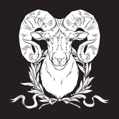 Ram baş ve defne çelengi Koç burcu el izi ya da siyah işçilik flaş dövme sanat tasarımı illüstrasyonu.