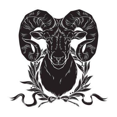 Ram baş ve defne çelengi Koç burcu el izi ya da siyah işçilik flaş dövme sanat tasarımı illüstrasyonu.
