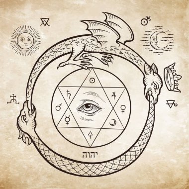 Felsefe taşının simya formülünü yutan bir ouroboros veya uroboros yılanı ve ejderhası. Dövme, poster veya yazdırma vektör çizimi.