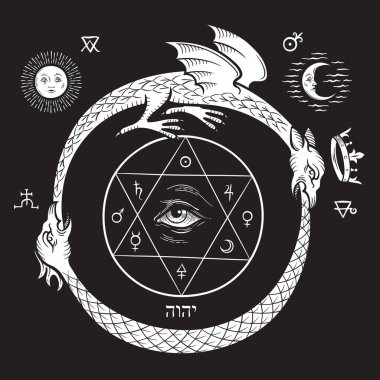 Felsefe taşının simya formülünü yutan bir ouroboros veya uroboros yılanı ve ejderhası. Dövme, poster veya yazdırma vektör çizimi.