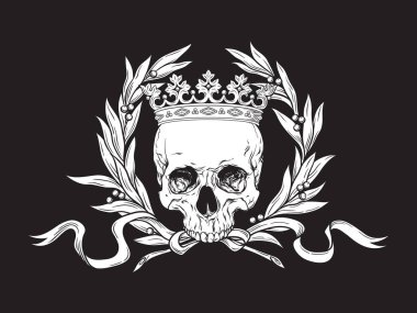 Taç ve defne çelengi ile el çizimi kafatası çizimi sanat dövmesi çizimi illüstrasyonu izole edildi.