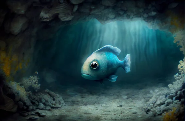 Pequeno Peixe Triste Subaquático Caverna Ilustração Generative — Fotografia de Stock