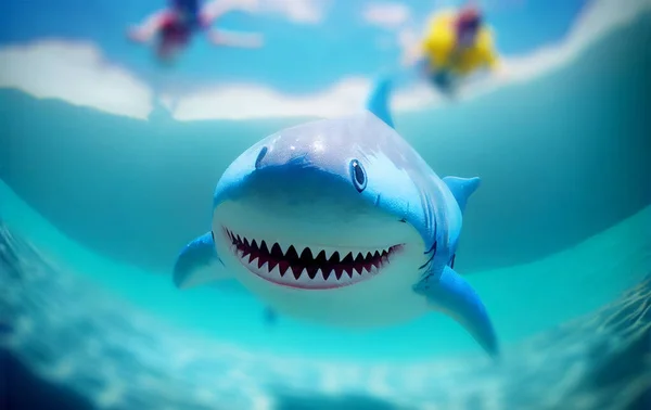 Inflatable shark attack underwater in pool, generative AI illustration