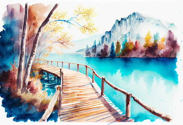 Watercolor Drawing Beautiful View Lake Wooden Boardwalk Bridge Autumn National — Stockfoto