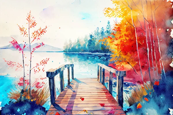 Watercolor Drawing Beautiful View Lake Wooden Boardwalk Bridge Autumn National — 스톡 사진