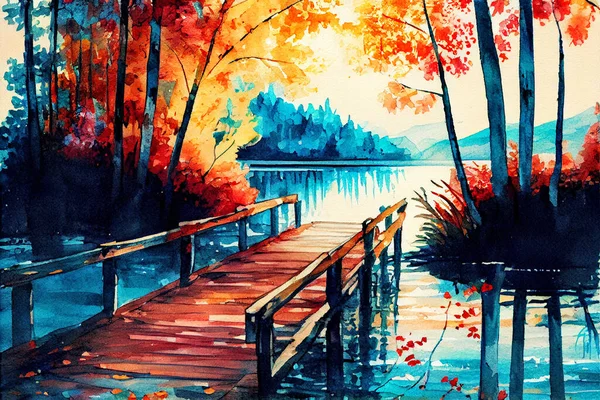 Watercolor Drawing Beautiful View Lake Wooden Boardwalk Bridge Autumn National — 스톡 사진