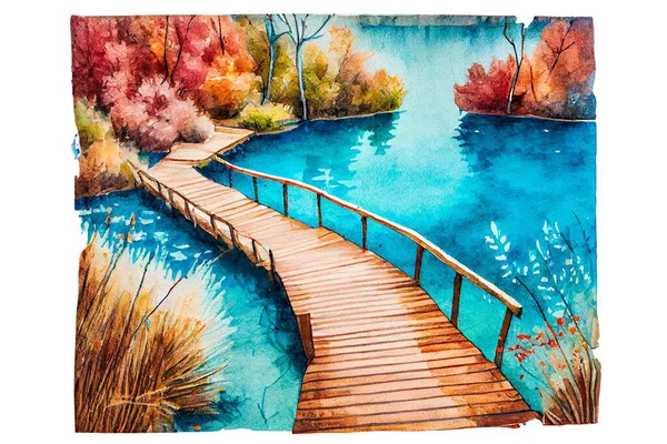 Watercolor Drawing Beautiful View Lake Wooden Boardwalk Bridge Autumn National —  Fotos de Stock