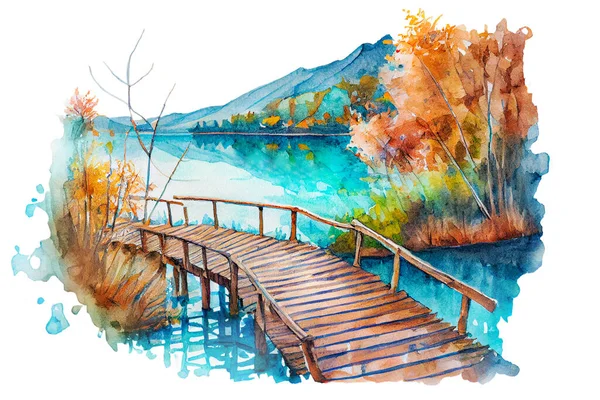 Акварельный Рисунок Видом Озеро Мостом Вуден Автумн Национальный Парк Плитвицкие — стоковое фото