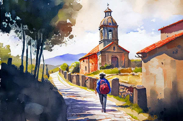 Путь Святого Иакова Камино Сантьяго Испания Акварельный Пейзаж — стоковое фото