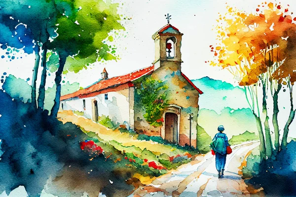 Way James Camino Santiago Spain Watercolor Landscape Illustration —  Fotos de Stock
