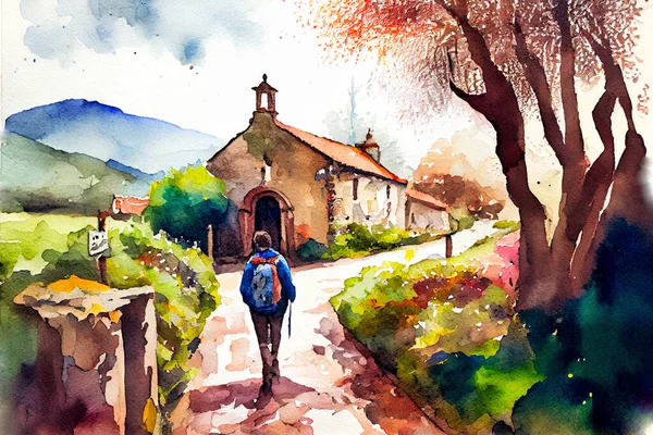 Way James Camino Santiago Spain Watercolor Landscape Illustration — 스톡 사진