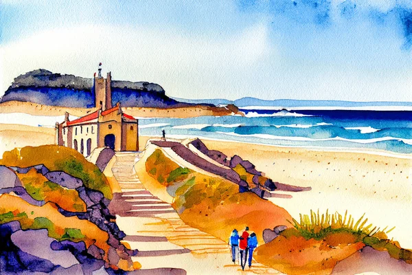 Way James Camino Santiago Spain Watercolor Landscape Illustration — 스톡 사진