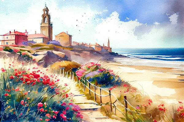 Way James Camino Santiago Spain Watercolor Landscape Illustration — 스톡 사진
