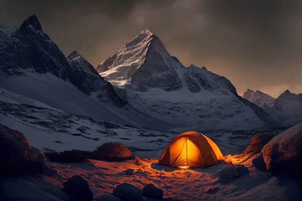 tourist tent camping in mountains at night in bad weather