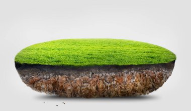 Alanın yeşil çimen kesiti ve beyaz arkaplan üzerindeki toprak, 3D illüstrasyon