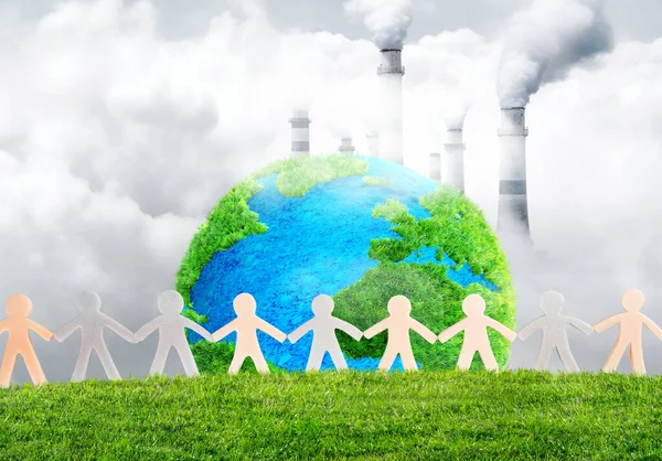 Planeta Grama Terra Com Cadeia Pessoas Emissões Carbono Emissão Gases — Fotografia de Stock