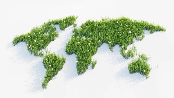 绿色草和花制成的世界地图 3D插图 — 图库照片