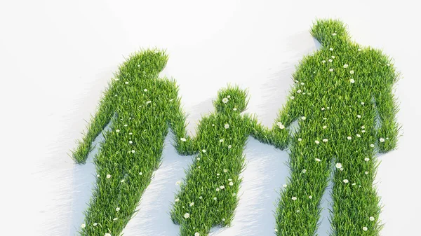 Sylwetka Rodziny Zielonej Trawy Kwiatów Koncepcja Śladu Węglowego Ochrony Środowiska — Zdjęcie stockowe