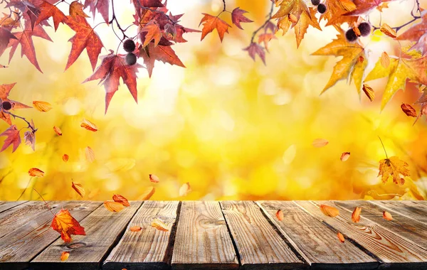 Oranžové Podzimní Listí Staré Dřevěné Prkno Podzimní Přírodní Pozadí Stock Snímky