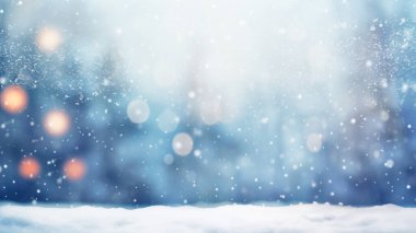 Karlı Noel arka planı bulanık efektli, düşen kar taneleri ve güneş ışınları