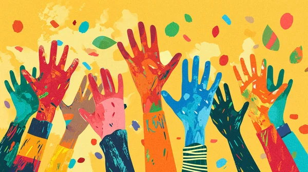 mixed group with colorful painted hands background, illustration of diversity