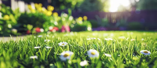blurred background of lawn in backyard with green grass and flowers in spring garden