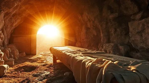 Biblical Scene Resurrection Jesus Christ Tomb Empty Sun Rayes Easter Stock Photo