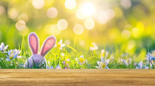 Bunny Ears Toy Green Grass Flowers Garden Easter Background Royalty Free Stock Images