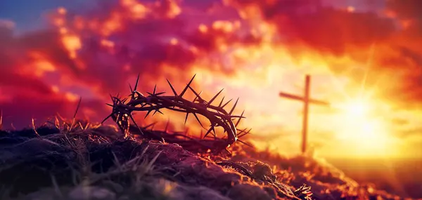 Crown Thorns Cross Sunset Easter Background Stock Image