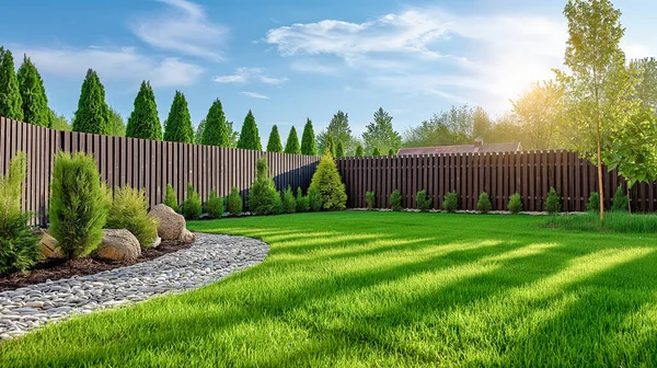 夏の裏庭パティオの緑の芝生 植物および木の塀 ストック写真