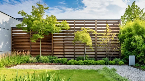 Green Grass Lawn Plants Wooden Fence Modern Backyard Patio Stock Image
