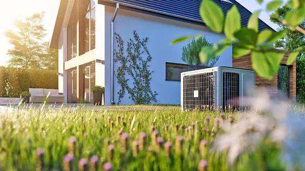 Moderne Hus Bygning Med Varmepumpe Koncept Bæredygtig Energi Effektivt Hjem Royaltyfrie stock-fotos