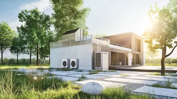 ヒート ポンプが付いている現代家の建物 持続可能なエネルギー効率的な家の概念 ストックフォト