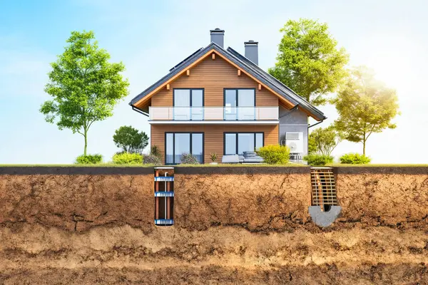Nachhaltiger Moderner Hausbau Mit Sonnenkollektoren Und Wärmepumpen lizenzfreie Stockbilder
