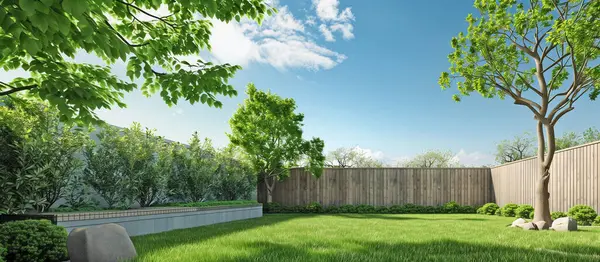 Gazon Verde Plante Gard Lemn Curte Modernă Imagine de stoc