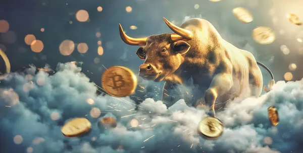 雲の中の黄金の雄牛とビットコインのコインイラストのビットコインブルマーケットコンセプト ロイヤリティフリーのストック画像